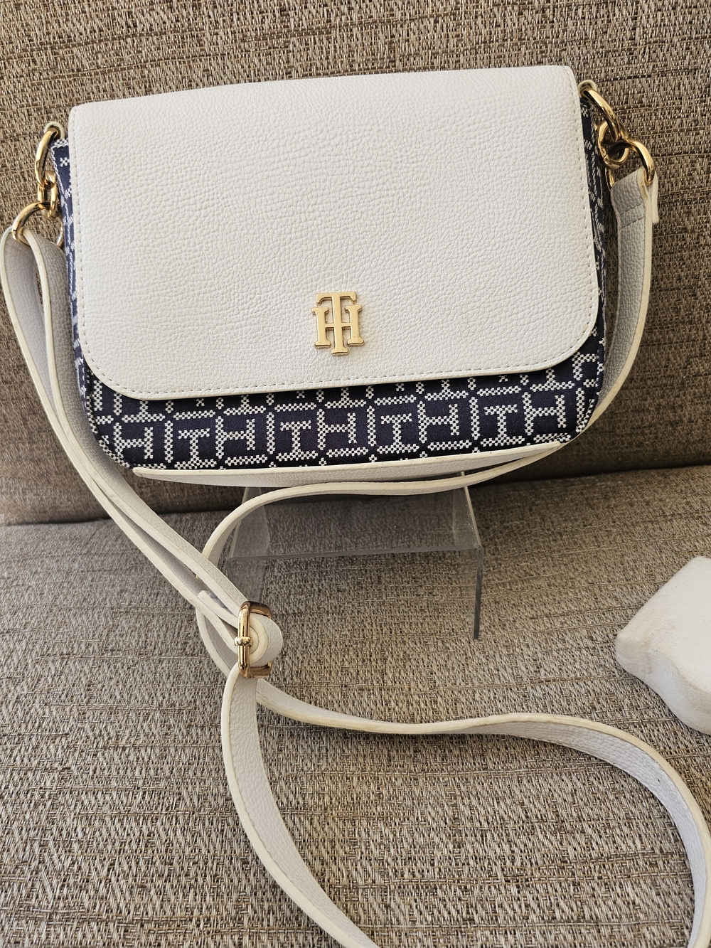 Tommy Hilfiger Navy White TH Monogram Flap Crossbody Bag Gold Logo